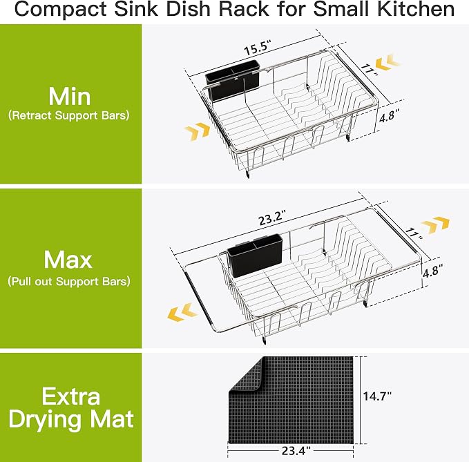 JASIWAY Dish Drying Rack in Sink with Mat, Expandable Stainless Steel Dish Drainers for Kitchen Counter, Space Saving Dish Dryer Rack for Inside Sink, Over Sink Dish Racks with Utensil Holder