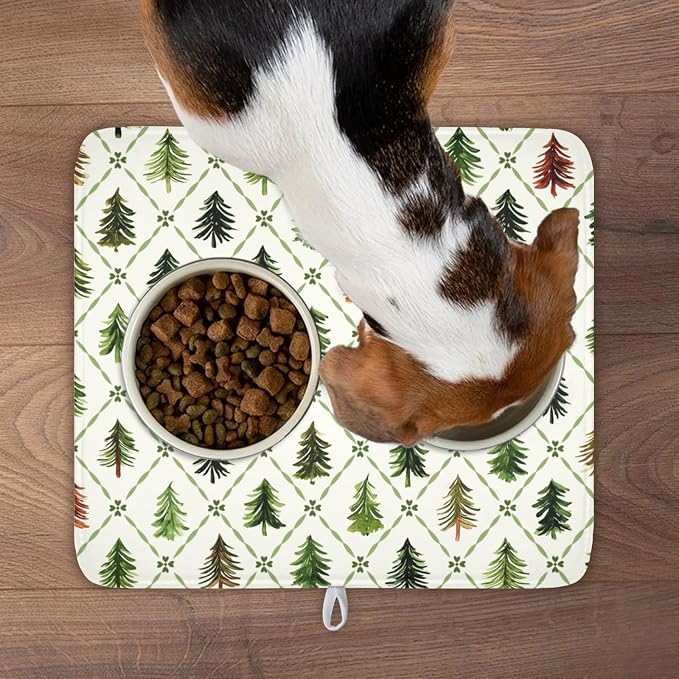 Christmas Dish Drying Mat for Kitchen Counter Xmas Theme Green Trees Dish Drainer Mat Rustic Farmhouse Winter Holiday Absorbent Washable Drying Pad 16"x18"
