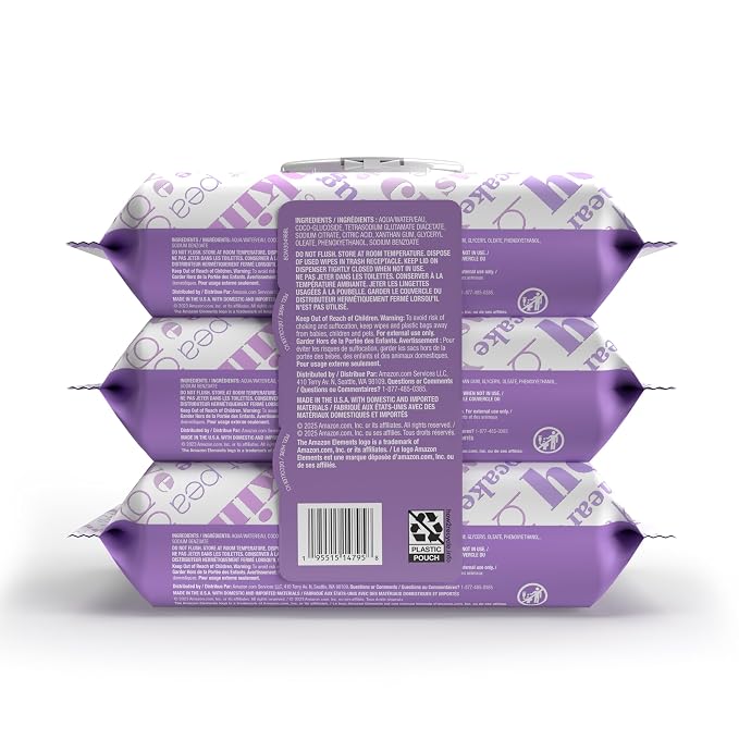 Amazon Elements Baby Wipes, Sensitive, Unscented, Cleans Gently, 270 Count, Flip-Top Packs, Pack of 3