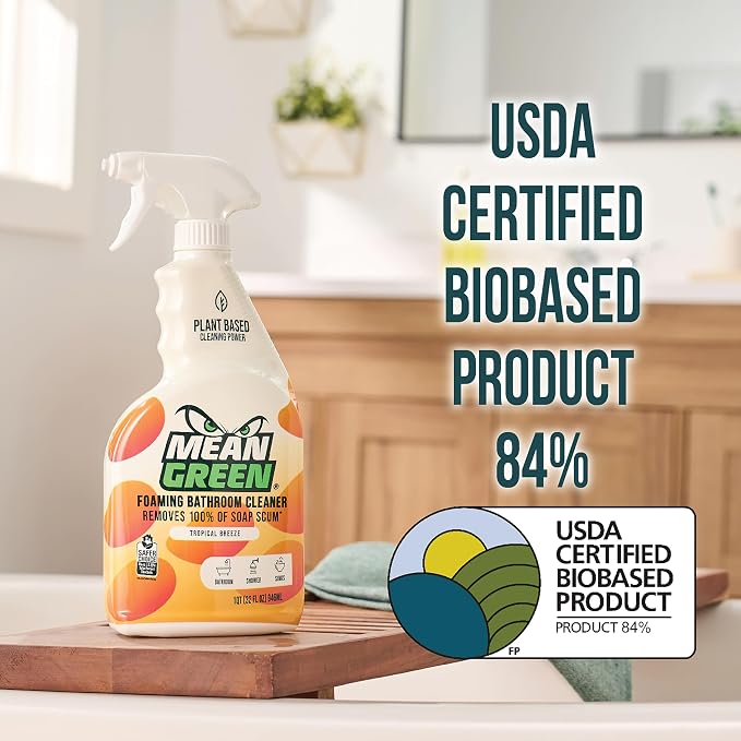 Mean Green Foaming Bathroom Cleaner Spray, Tropical Breeze, 32 oz – Removes 100% of Soap Scum, Shower, Tile, Sink & Bathroom Surfaces