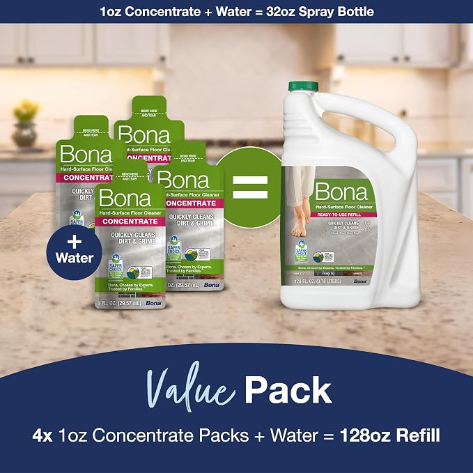 Bona Multi-Surface Floor Cleaner Concentrate - 1 fl oz - 4-Pack - Residue-Free Floor Cleaning Solution for Bona Spray Mop and Spray Bottle Refill - For Stone, Tile, Laminate, and Vinyl Floors