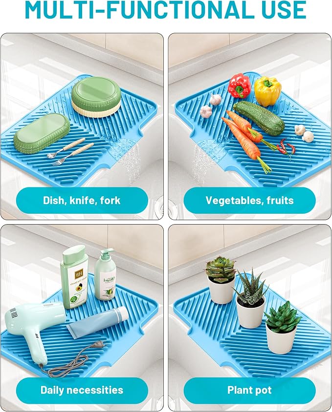 Dish Drying Mat Kitchen Counter - Silicone Dish Drying Pad with Built-in Drain for Sink, Refrigerator and Drawer liner, Easy Clean, Non-Slip, Heat Resistant, 14.8" x 10.7"