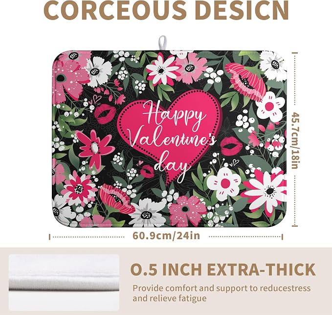 Happy Valentine's Day Dish Drying Mat for Kitchen Counter Valentines Flowers Love Heart Drying Mats Absorbent Reversible Dishes Drainer Mats Microfiber Dish Drying Pad Large Dish Rack Mat 18x24 Inch
