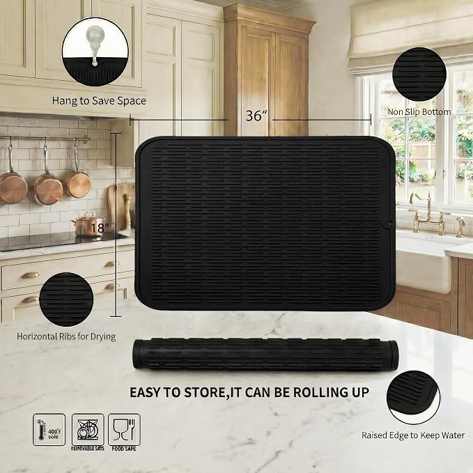 MicoYang Silicone Dish Drying Mat for Multiple Usage,Easy clean,Eco-friendly,Heat-resistant Silicone Mat for Kitchen Counter or Sink,Refrigerator or Drawer Liner Black 5XL 36inches x 18inches