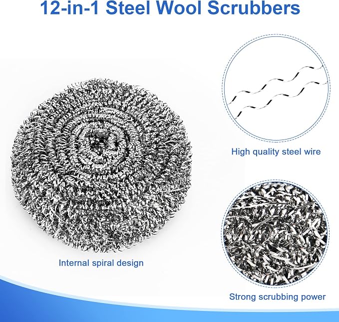 Steel Wool Scrubbers, 12 Pack, 23g/Pack, Especially for Tough Cleaning | Premium Stainless Steel Scrubbers, Metal Scouring Pads, Heavy Duty Cleaning Supplies for Pans, Pots, Ovens, Grills, Sinks