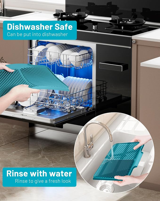 Dish Drying Mat Kitchen Counter - Silicone Dish Drying Pad with Built-in Drain for Sink, Refrigerator and Drawer liner, Easy Clean, Non-Slip, Heat Resistant, 14.8" x 10.7"