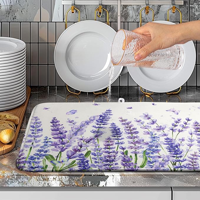 Purple Lavender Dish Drying Mat for Kitchen Counter Spring Summer Flower Floral Dishes Drainer Mats Absorbent Microfiber Dish Drying Pad Washable Dish Draining Mat Extra Large 18x24 Inch