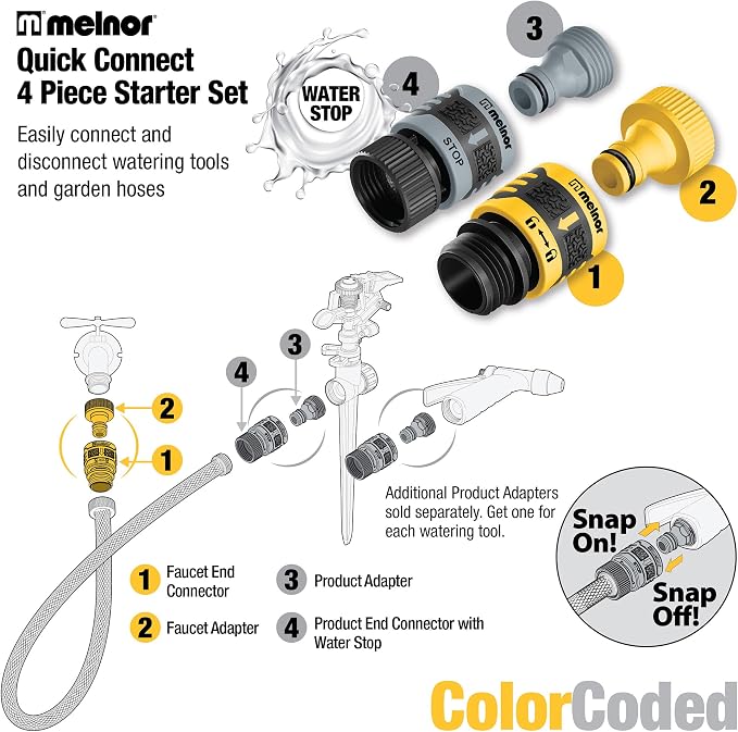 Melnor 65134AMZ 5 Piece Quick Connect Starter Set Connector Bundle, Product and Faucet Adapter, Product End and Faucet End Connector, Black, Yellow, Grey