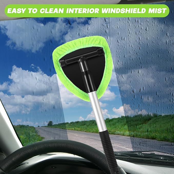 Potchen 8 Pcs Car Windshield Cleaner Tool Kit with Extendable Handle, Microfiber Towel Pads, Brush, Empty Spray Bottle for Auto Glass Wiper Suvs Rvs & Home Windows (Green)