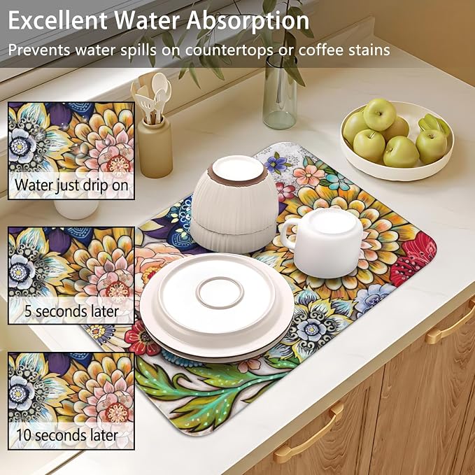 Dish Drying Mat 2-Pack with Mandala for Kitchen Counter Absorbent Dishes | Diatom Mud Mats (18x24, 19.5x12"). Non-slip rubber back for kitchen counter, coffee bar & sink scenes