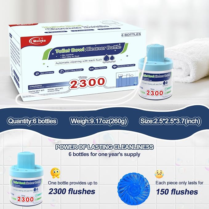 Msvvko Toilet Bowl Cleaner, Automatic Long-Lasting Blue Toilet Cleaner Bottle, Septic Safe Toilet Bowl Tablets in Bottles, Fresh Bathroom & Deodorize, 6 Pack, 2300 Flushes Each