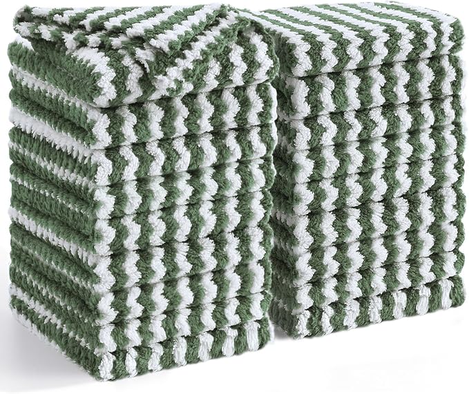 Homaxy 18 Pack Kitchen Dish Cloths, Ultra Soft and Absorbent Dish Towels, Reusable Fast Drying Microfiber Cleaning Cloth, Coral Velvet Wave Design No-lint, 10 x 10 inches, Grass Green