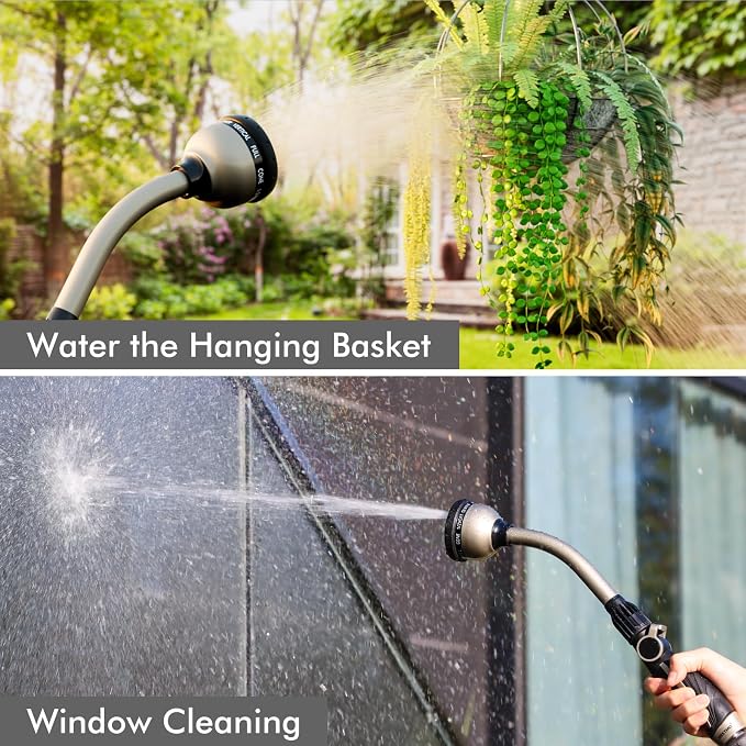 RESTMO Watering Wand Heavy Duty, 15-Inch Long Hose Nozzle Sprayer | 10 Spray Patterns & Thumb Flow Control, Metal Garden Hose Wand for Water Hanging Baskets and Shrubs, Bronze