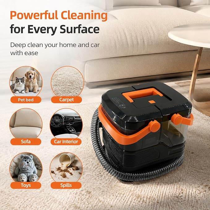 Steam Carpet Cleaner & Upholstery Machine – 19KPa Powerful Suction, Portable Spot Cleaner for Rugs, Sofa, Car Interior, Pet Odors, with Heated Water & Accessories