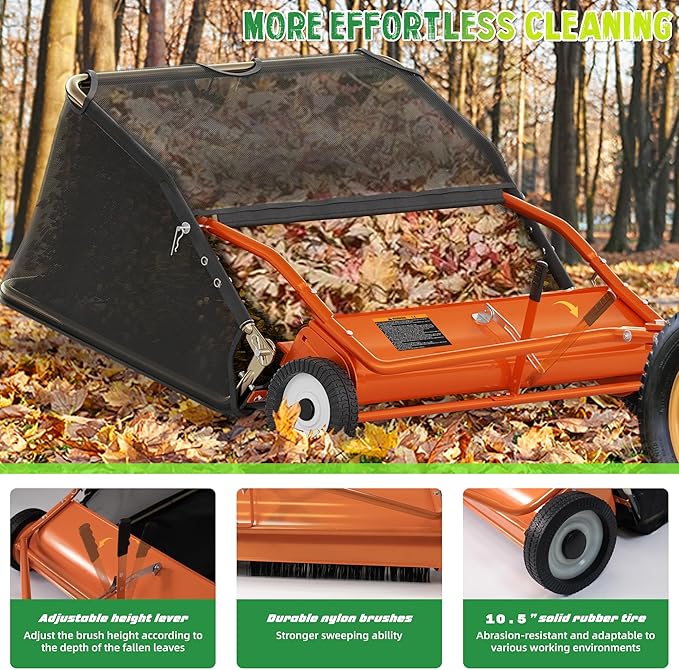 48" Lawn Sweeper Tow Behind, Pull Behind Lawn Sweeper with 25.16 cu. ft Large Hopper, Heavy Duty Leaf & Grass Collector, Adjustable Brush Height Lever and Dumping Rope, Lawn and Yard Cleanup Tool