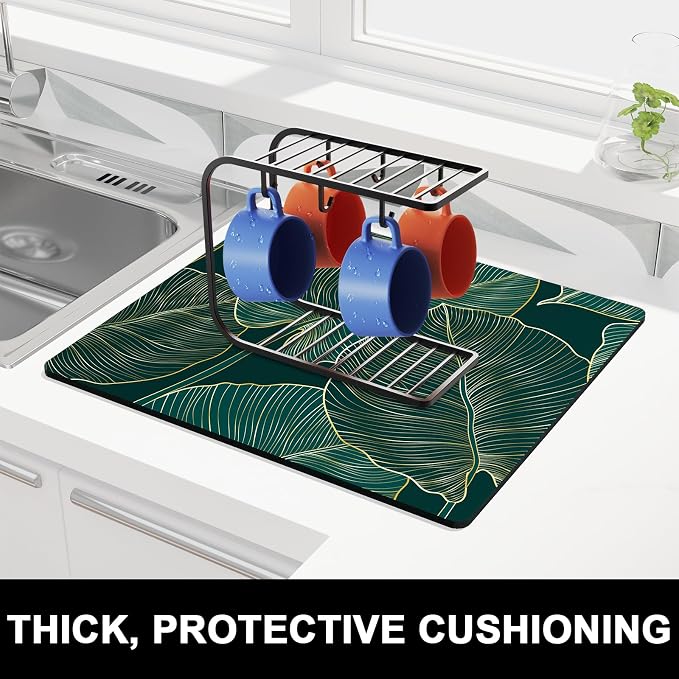 Rnivvi Dish Drying Mat for Kitchen Counter, 16 x 18" Boho Theme Absorbent Heat Resistant Drying Pad with Non-slip Rubber, Coffee Bar Mats for Dish Rack Kitchen Decor Accessories, Tropical Palm