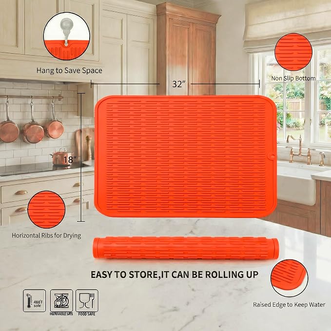MicoYang Silicone Dish Drying Mat for Multiple Usage,Easy clean,Eco-friendly,Heat-resistant Silicone Mat for Kitchen Counter or Sink,Refrigerator or Drawer Liner Orange 4XL 32 inches x 18 inches