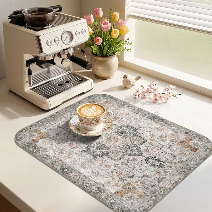 Boho Dish Drying Mat for Kitchen Counter,Vintage Grey Modern Farmhouse Absorbent Microfiber Reusable Washable Non-Slip Dish Drainer Draining Mats Dishes Pad for Kitchen Decor 18x16 Inch