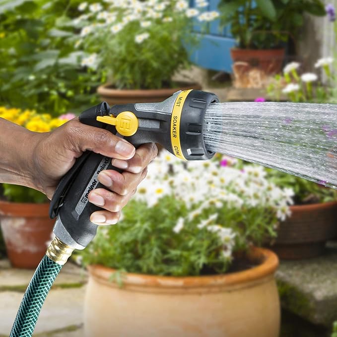 Melnor 65187AMZ RelaxGrip 8-Pattern Hose Nozzle with Quick Connect Bundle, Ergonomic Rear Trigger, Lightweight Water Nozzle, Arthritis Foundation Ease of Use Certified, Black, Yellow