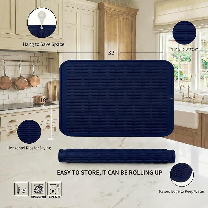 MicoYang Silicone Dish Drying Mat for Multiple Usage,Easy clean,Eco-friendly,Heat-resistant Silicone Mat for Kitchen Counter or Sink,Refrigerator or Drawer Liner Navy Blue 4XL 32 inches x 18 inches