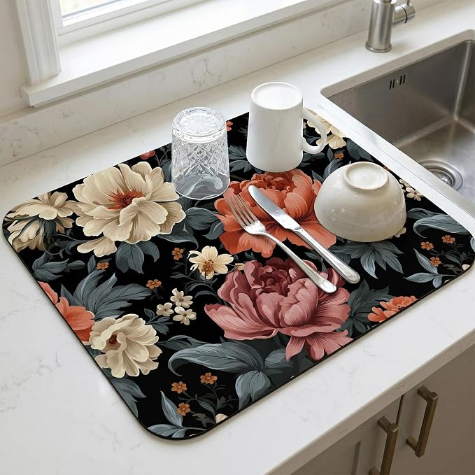 Floral Dish Drying Mat for Kitchen Counter Sink, Vintage Flower Absorbent Microfiber Pad, Reversible Washable Countertop Mat for Home Decor