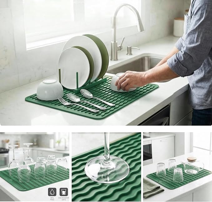 MicoYang Silicone Dish Drying Mat — Quick-Dry Ridges Counter & Sink Pad, Heat-Resistant Trivet to 450°F, Non-Slip & Dishwasher Safe, Roll-Up Storage, 18 Colors & 9 Sizes (Green, 16"×12")