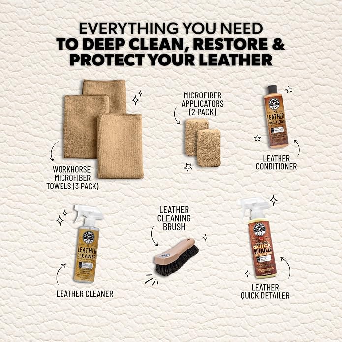 Chemical Guys, 9-Piece Leather Cleaner & Conditioner Kit for Car Interiors | Cleans then conditions seats, furniture, jackets and boots, brushes and towels included for many leather types