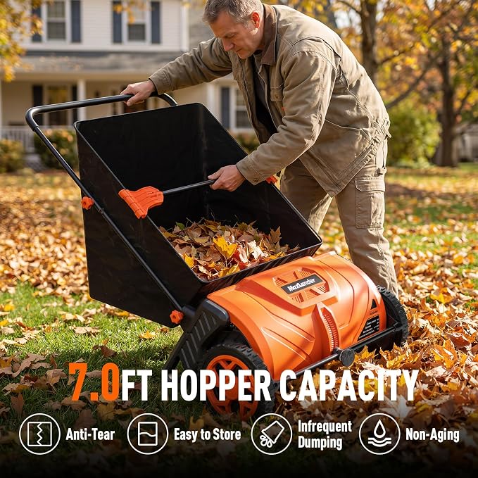 MAXLANDER 26-Inch Push Lawn Sweeper with 7 Cu.Ft. Large Collection Hopper, Manual Leaf & Grass Sweeper, Adjustable Rotating Brush Height for Lawn, Yard & Garden Cleanup Grass Catchers