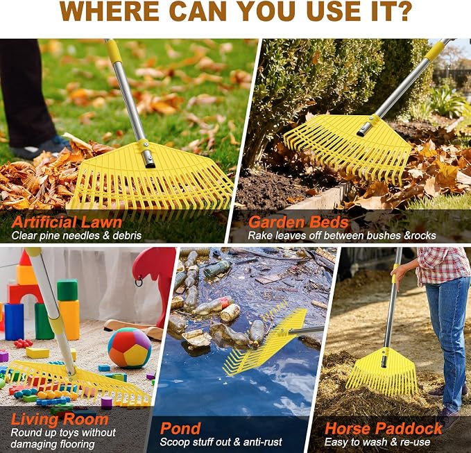 Leaf Rake - 16.5" Wide Nylon Plastic Head,51" Adjustable Stainless Steel Handle,Heavy Duty Gardening Leaves Rake Tools for Garden Lawns,Yard,Shrub,Grass - Lightweight for Women,Seniors & Kids