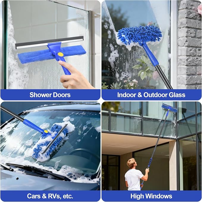 Wontolf 4-in-1 Window Squeegee, 79'' Window Cleaner Tool with Extension Pole, Window Cleaning Kit with Storage Bag, Rotatable Window Washing Kit Equipment for Home, Outdoor High Windows, Glass, Shower