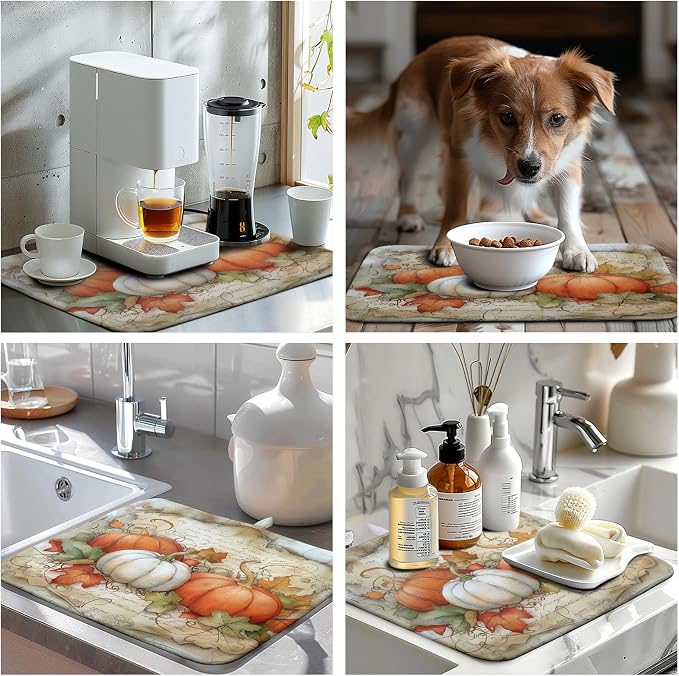 Fall Pumpkin Maple Leaf Dish Drying Mat for Kitchen Counter 16x18 Inch Vintage Autumn Leaves Thanksgiving Drying Mat Seasonal Ultra Absorbent Dish Drainer Rack Mats for Coffee Bar Kitchen