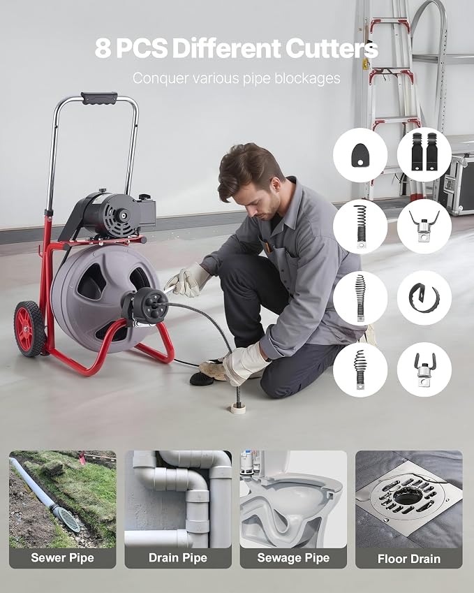 VEVOR Drain Cleaner Machine 75 FT x 3/8 Inch, Auto Feed Sewer Snake Drain Auger on Wheels, Portable Drain Cleaning Machine with 8 Cutters & Air-Activated Foot Switch for 2" to 4" Pipes