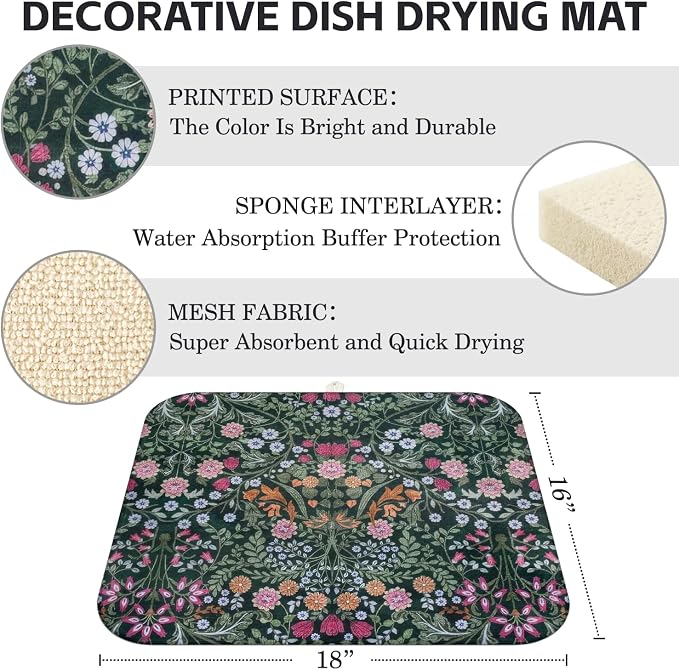 Boho Dish Drying Mat for Kitchen Counter,Botanical Floral Dark Green Farmhouse Absorbent Microfiber Reusable Washable Non-Slip Dish Drainer Draining Mats Dishes Pad for Kitchen Decor 18x16 Inch