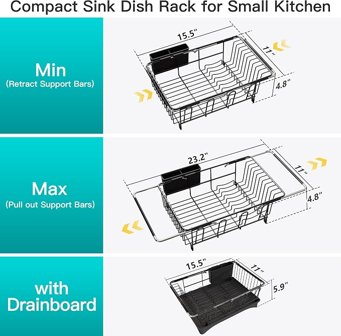 JASIWAY Black Sink Dish Drying Rack with Drainboard, Expandable Stainless Steel Dish Drainers for Kitchen Counter, Space Saving Dish Dryer Rack, Over The Sink Dish Racks with Utensil Holder