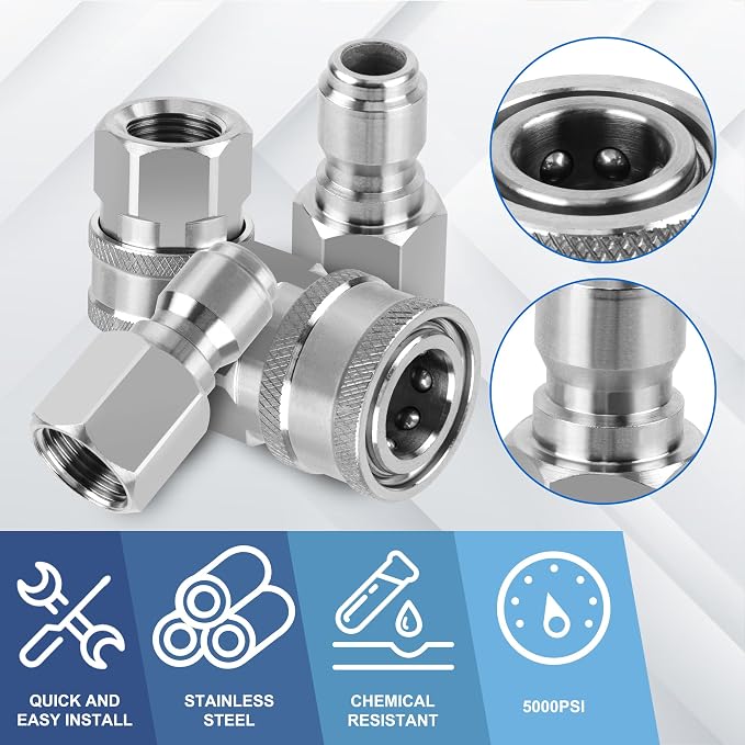 8 PCS Pressure Washer Quick Connect 3/8 Inch,Stainless Steel 3/8" NPT Female Thread Quick Connect Hose Fittings Adapter