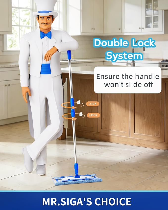 MR.SIGA Professional Microfiber Mop for Hardwood, Laminate Floor Cleaning | Stainless steel telescopic handle, 3 reusable microfiber flat mop refills and 1 dirt removal scrubber included