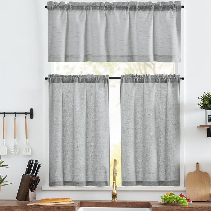 jinchan Lien Tier Curtains and Valances, 26x24, 3 Panels, Grey | Light filtering, rod pocket, cafe curtains, farmhouse, machine washable, small window decor, kitchen, laundry room, RV