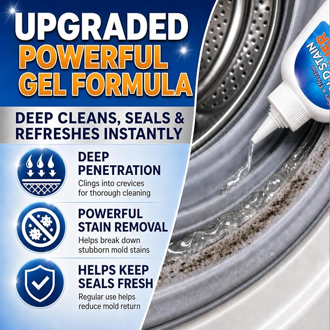 Mold Stain Remover Gel, 8 Fl Oz Heavy-Duty Thick Gel Formula for Washing Machine Seal, Front Load Washer Gasket, Bathroom Grout, Shower, Silicone Caulk, Tile & Sink Cleaner