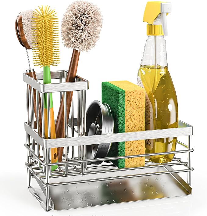 Cisily Sink Caddy Sponge Holder for Kitchen with Brush Holder and Stainless Steel Self Drain Tray, Rustproof Kitchen Sink Organizer for Sponge, Soap Dispenser Storage Accessories