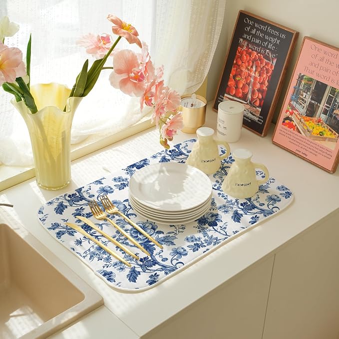 Blue Floral Dish Drying Mat 18 x 24 Inch Vintage Navy Blue Floral Drying Mat for Kitchen Counter Absorbent Spring Summer Flower Dishes Dry Pad for Drainer Rack Kitchen Fast Dry