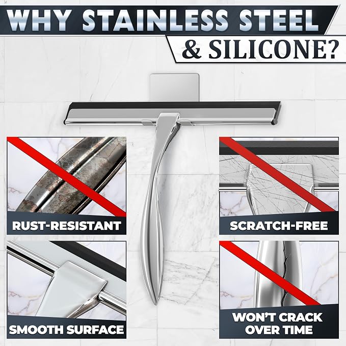 Shower Door Squeegee with Hook, 10" Silicone Blade, Steel (Silver) | Squeegee for Shower Glass with Adhesive Mount; All-Purpose Bathroom Tile, Mirror, & Window Wiper for Streak-Free Cleaning