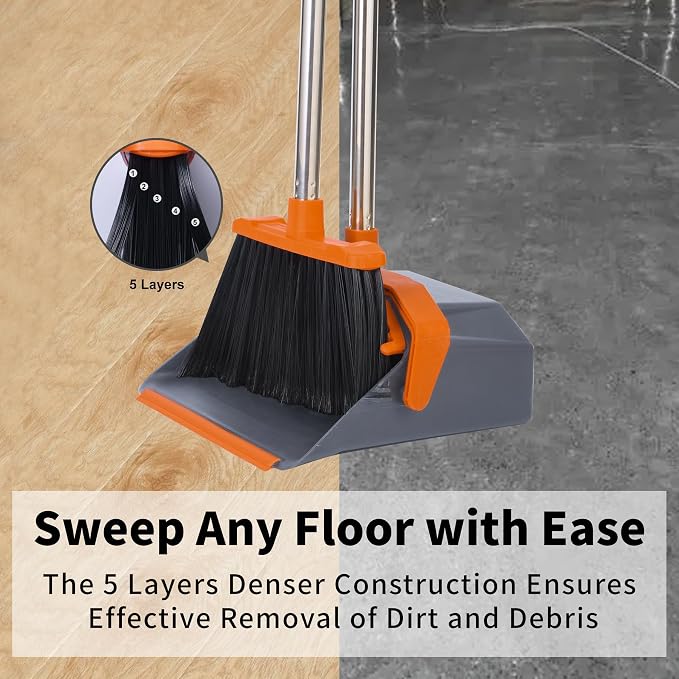 Broom and Dustpan Set for Home, 51" Long Handle Standing Pan Grey Orange | Self-Cleaning Dust Pan and Brooms, ZeroGap Lip, Upright Storage Broom Combo for Kitchen Lobby Office Restaurant Indoor