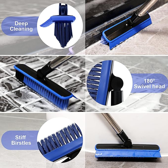 Grout Cleaner Brush with Long Handle, V-Shaped Floor Scrub Brush Swivel Grout Brush Stiff Bristle Floor Grout Scrubber for Bathroom, Tile Line, Crevice, Kitchen, Wall, Deck, Garage (Blue)