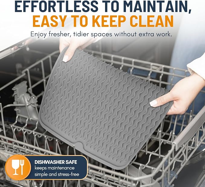 Silicone Dish Drying Mat for Kitchen Counter - Multi-Use 18 x 16 Inch Pad, Non-Slip & Heat-Resistant, Perfect Dish Drainer Mat by Linda’s Essentials, Ideal Kitchen Accessory (Gray)