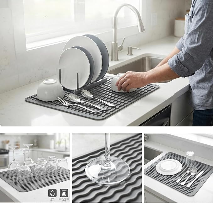 MicoYang Silicone Dish Drying Mat, Grey, 16"×12" | Quick-Dry Ridges, Heat-Resistant Trivet to 450°F, Non-Slip & Dishwasher Safe, Roll-Up Storage, 18 Colors & 9 Sizes Available
