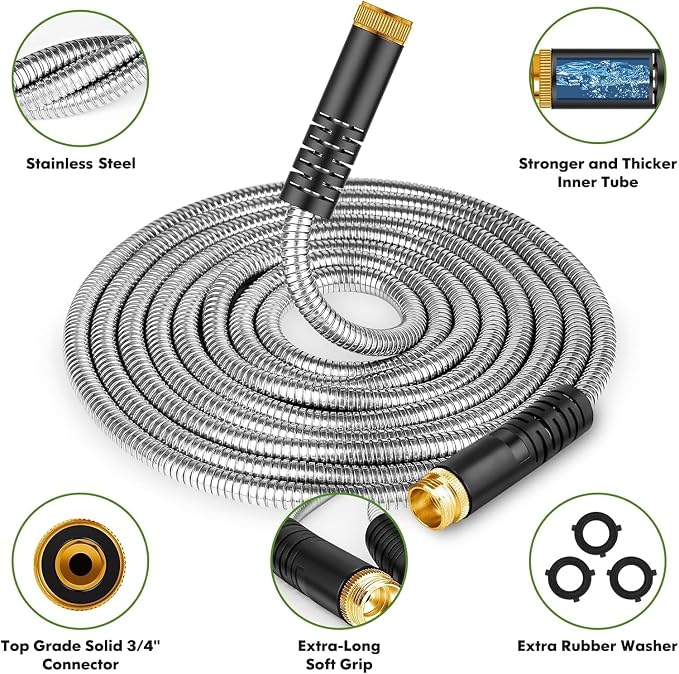 Garden Hose 150ft, Metal Stainless Steel Water Hose with 10 Function Nozzle Flexible, Lightweight, Kink-Free, Pet Proof, Puncture Proof Hose for Yard, Outdoor
