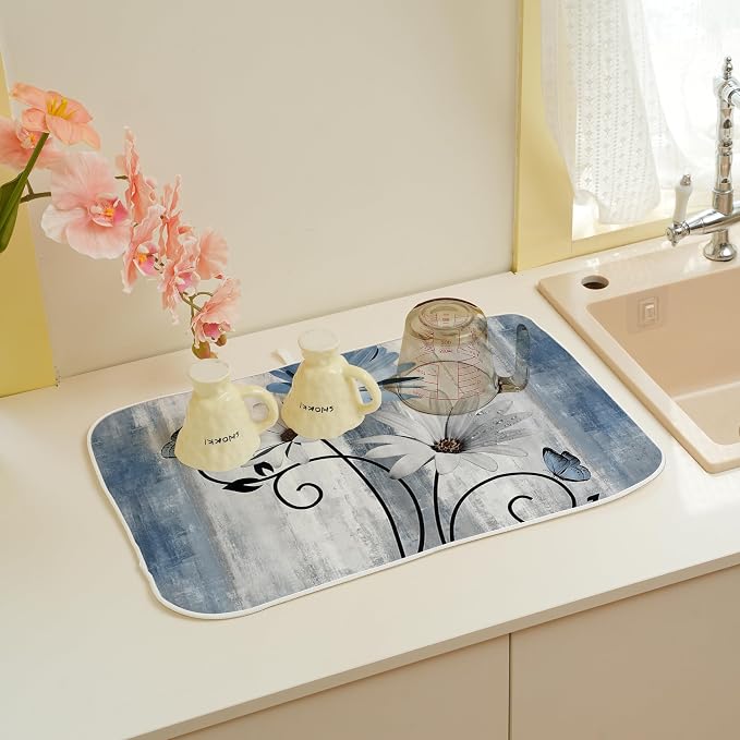 Floral Dish Drying Mat 18x24 Inches For Kitchen Counter Blue Daisy Flower Kitchen Decoration Drying Mat Modern Decorative Drying Pad For Home Kitchen Decor,Dining Room,Office Decor