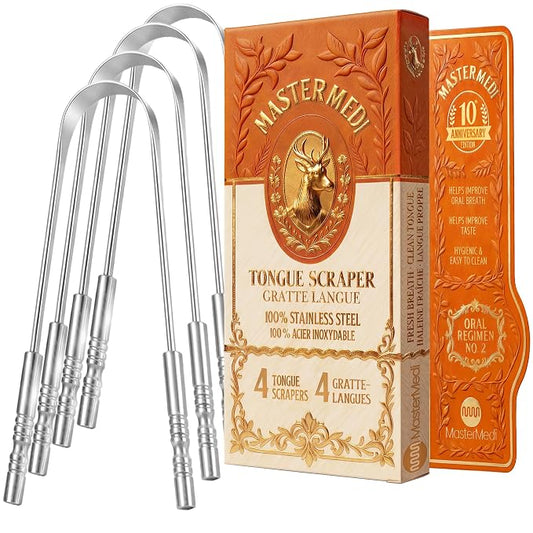 MasterMedi Tongue Cleaner Tongue Scraper Surgical Grade Stainless Steel Tongue Brush Dental Kit Professional Eliminate Bad Breath With Non-synthetic Grip (Family Pack (4 pcs)