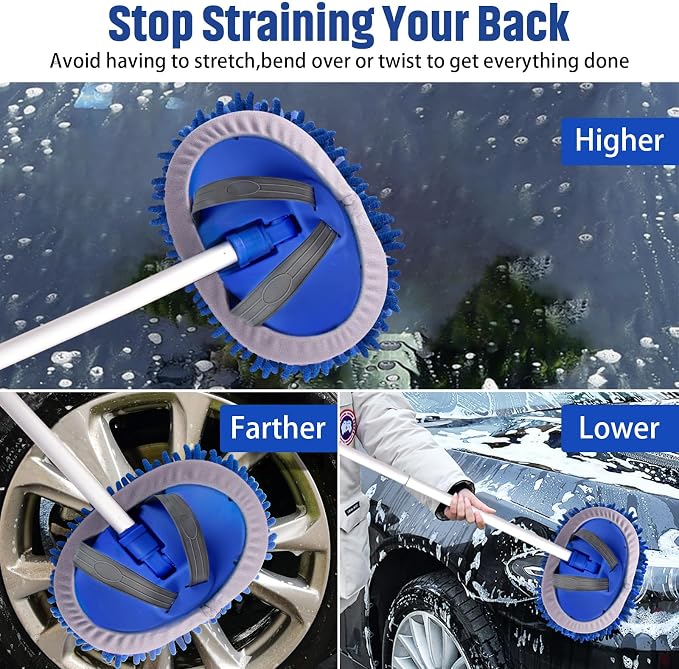 anngrowy 62" Microfiber Car Wash Brush with Long Handle Car Washing Mop Kit Mitt Sponge Car Cleaning Supplies Kit Duster RV Washing Car Brush Accessories, 1 Chenille Scratch-Free Replacement Head