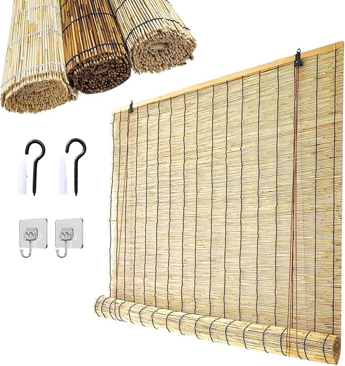 Bamboo Shades for Outdoor Patio, Natural Reed Roller Blinds for Indoor Windows, Retro Cordless Shades 20 22 27 30 36 48 72in Outside Privacy Bamboo Roll Up Shades(Natural Black,26" W x 48" H)
